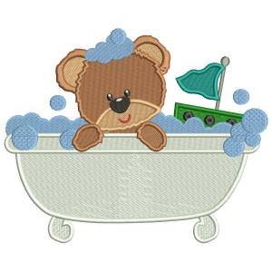 Baby Bear Playing In a Bathtub Filled Machine Embroidery Design Digitized Pattern